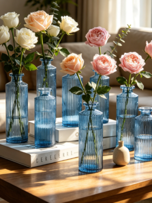 Glass Bud Vases, Set of 12, Mini, Grey Blue – for Weddings, Christmas or Home