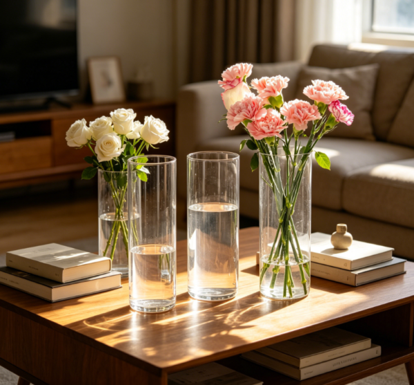 Glass Cylinder Vases, Set of 7, 10 Inch Tall – for Flowers or Candle Holders, Table Centrepieces