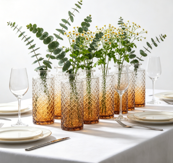 Glass Bud Vases, Set of 12, Diamond Shape, Gradient Amber – for Weddings or Gift