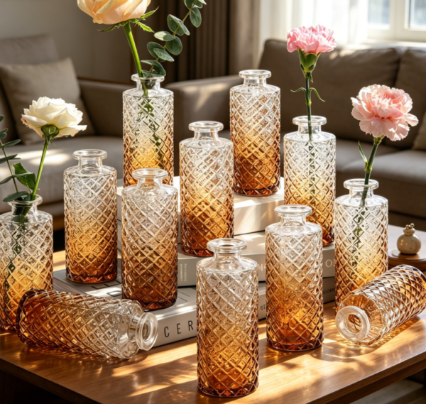 Glass Bud Vases, Set of 12, Diamond Shape, Gradient Amber – for Weddings or Gift